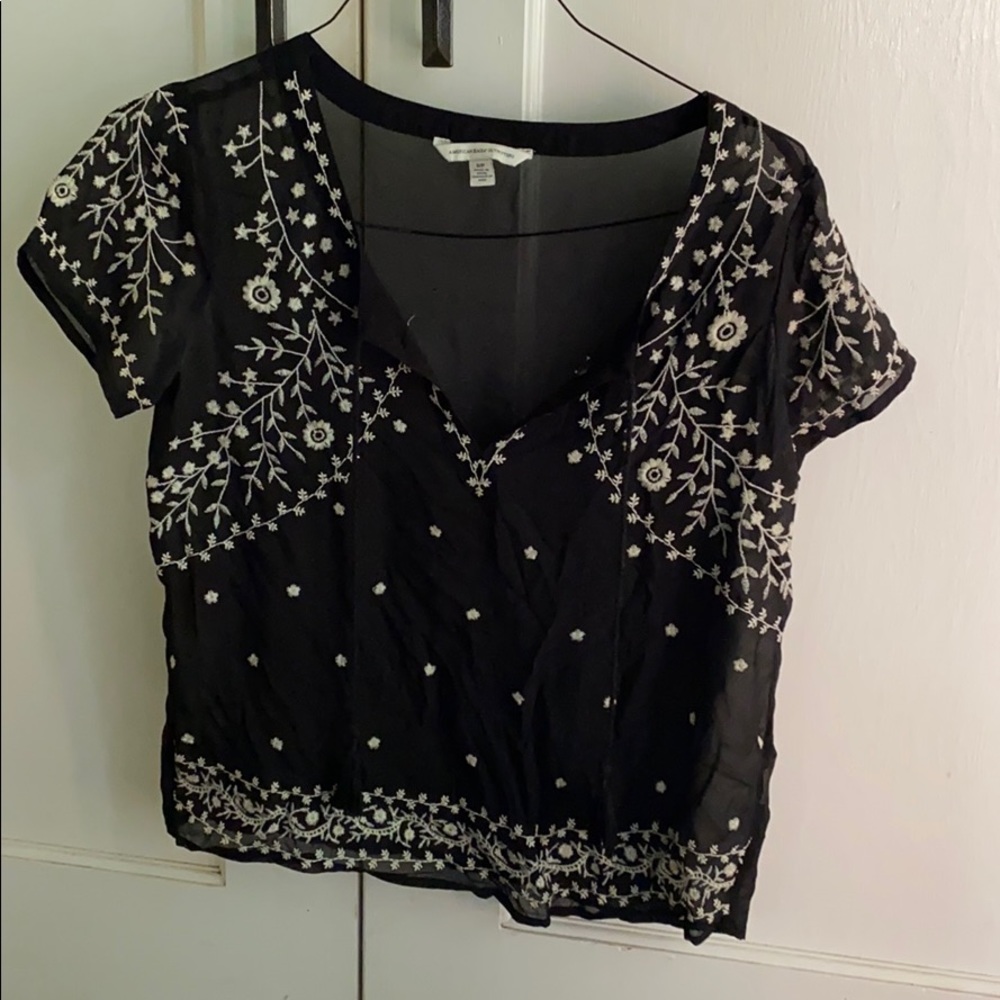 American Eagle Black floral embroidered shirt